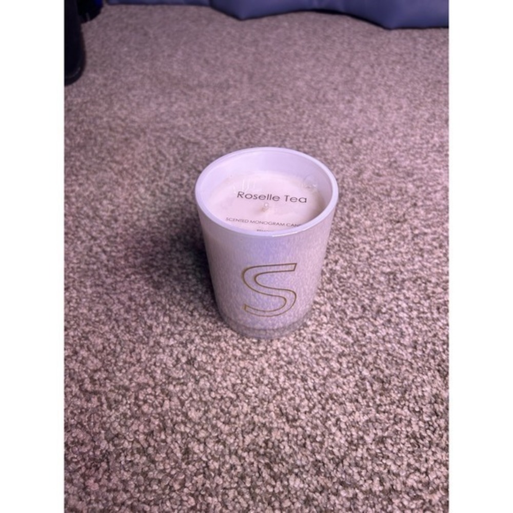 "S" Glass White Roselle Tea Scented Monogram Candle 9oz. Gift Birthday Decor New